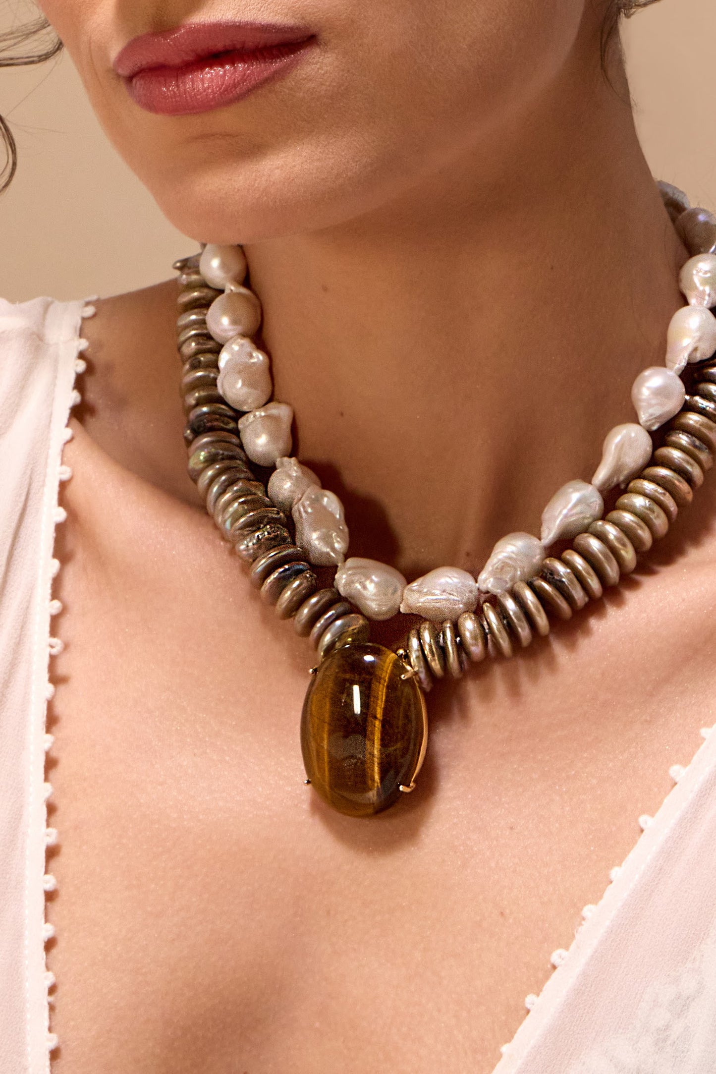 Freshwater Pearl Necklace with Tiger Eye Pendant
