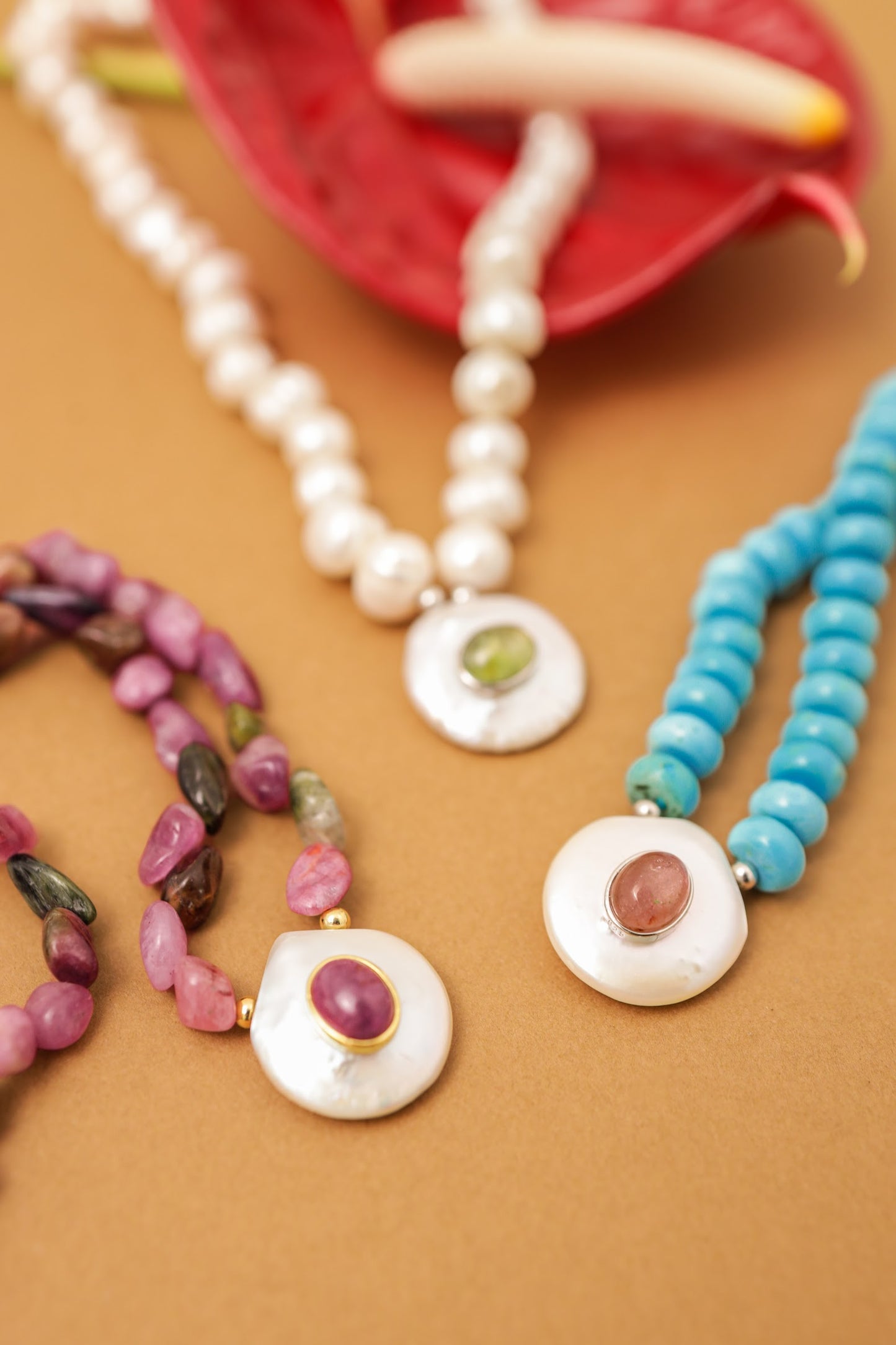 Tourmaline Necklace with Shell & Green Stone Pendant