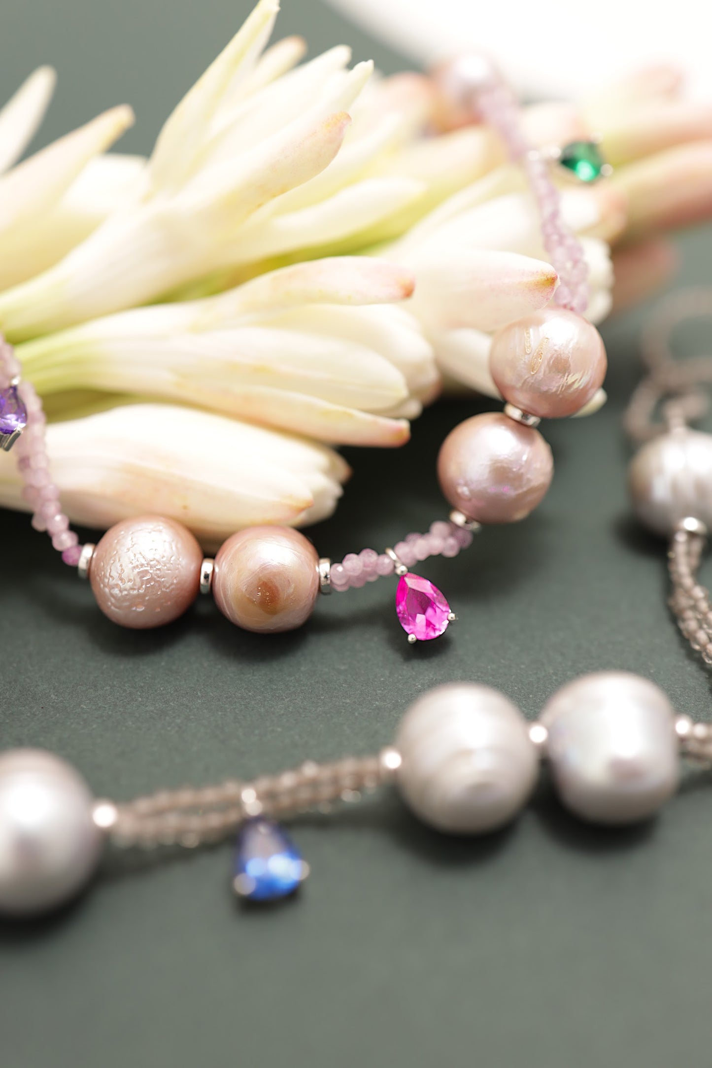 Long Pearl and Quartz Necklace with Colorful Drop