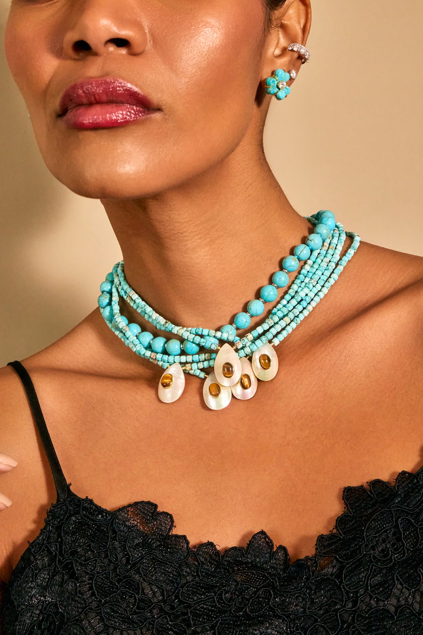 Turquoise Beaded Necklace with Tiger Eye Drop