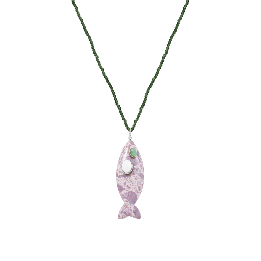 Green Onyx Bead Necklace with Quartz and Malachite Fish Pendant