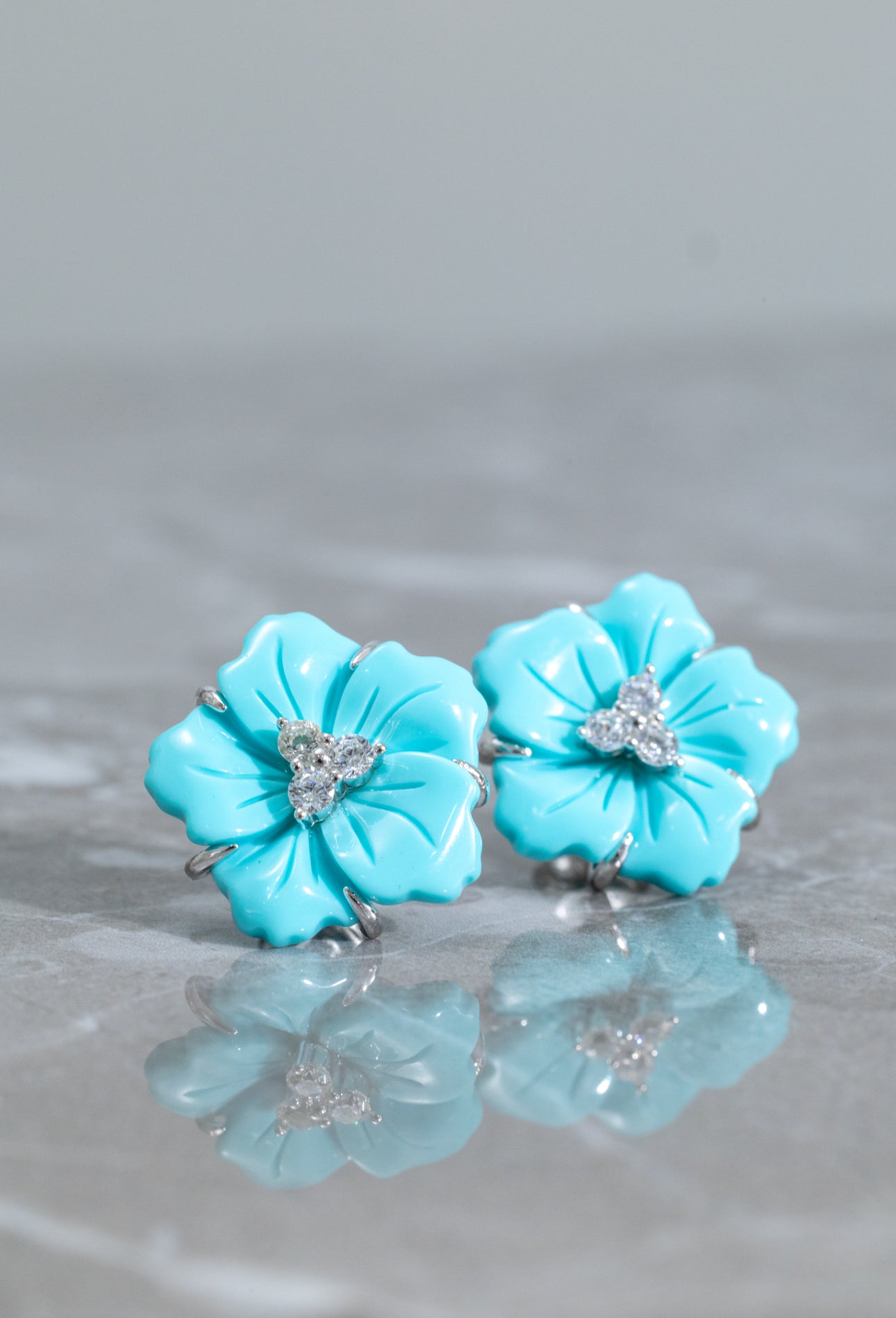 Blue Floral Earrings with Kunzite Center