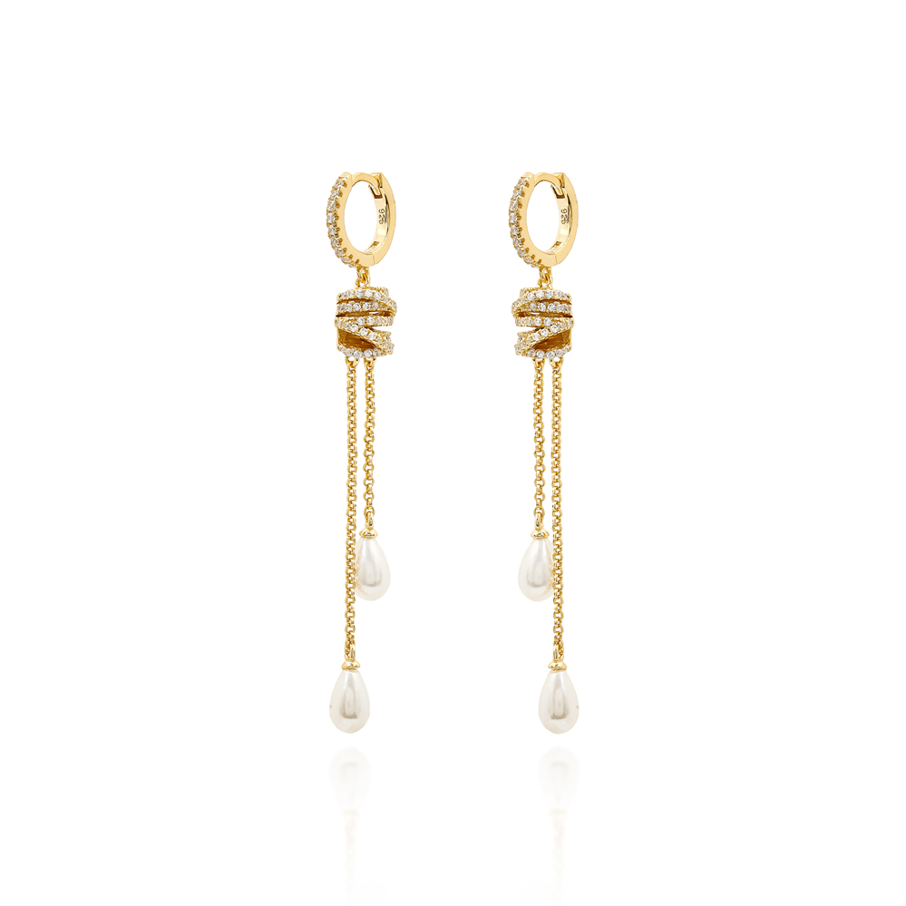 Double Chain Drop Pearl Hoops