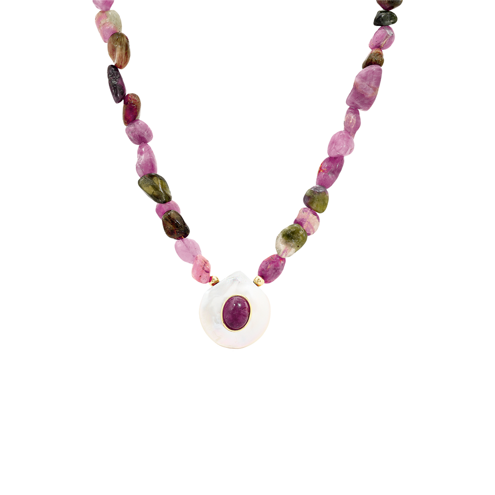 Tourmaline Necklace with Shell & Green Stone Pendant