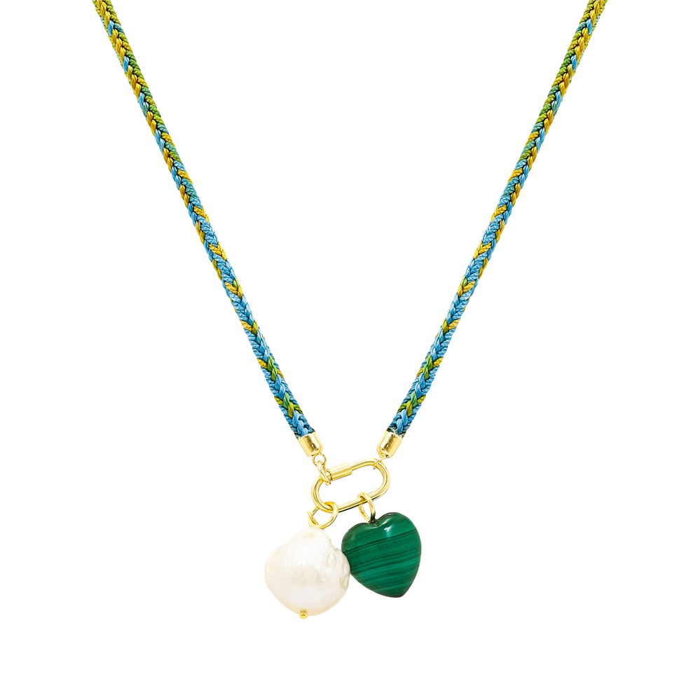 Pearl and Malachite Charm Necklace on Braided Cord