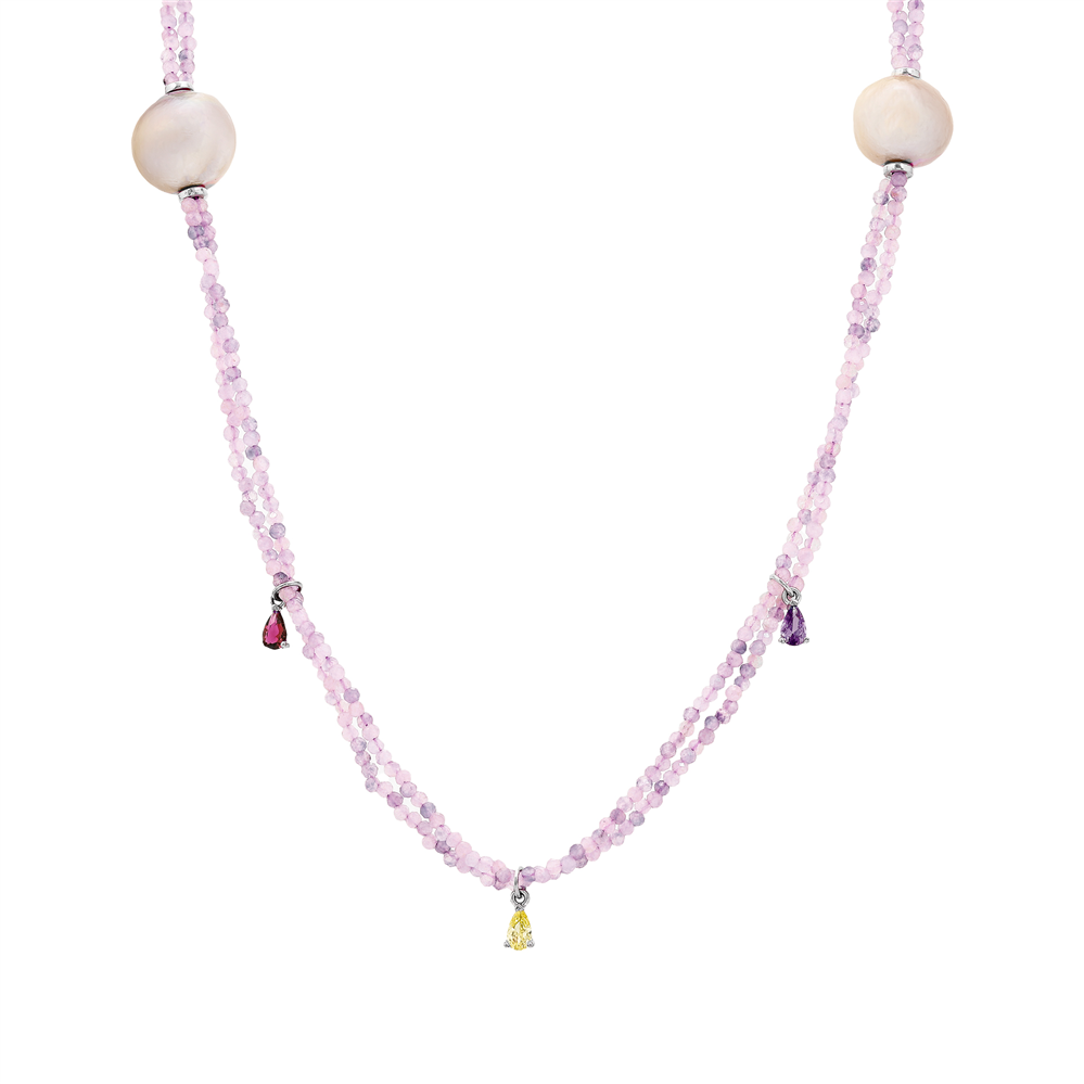 Long Pearl and Quartz Necklace with Colorful Drop