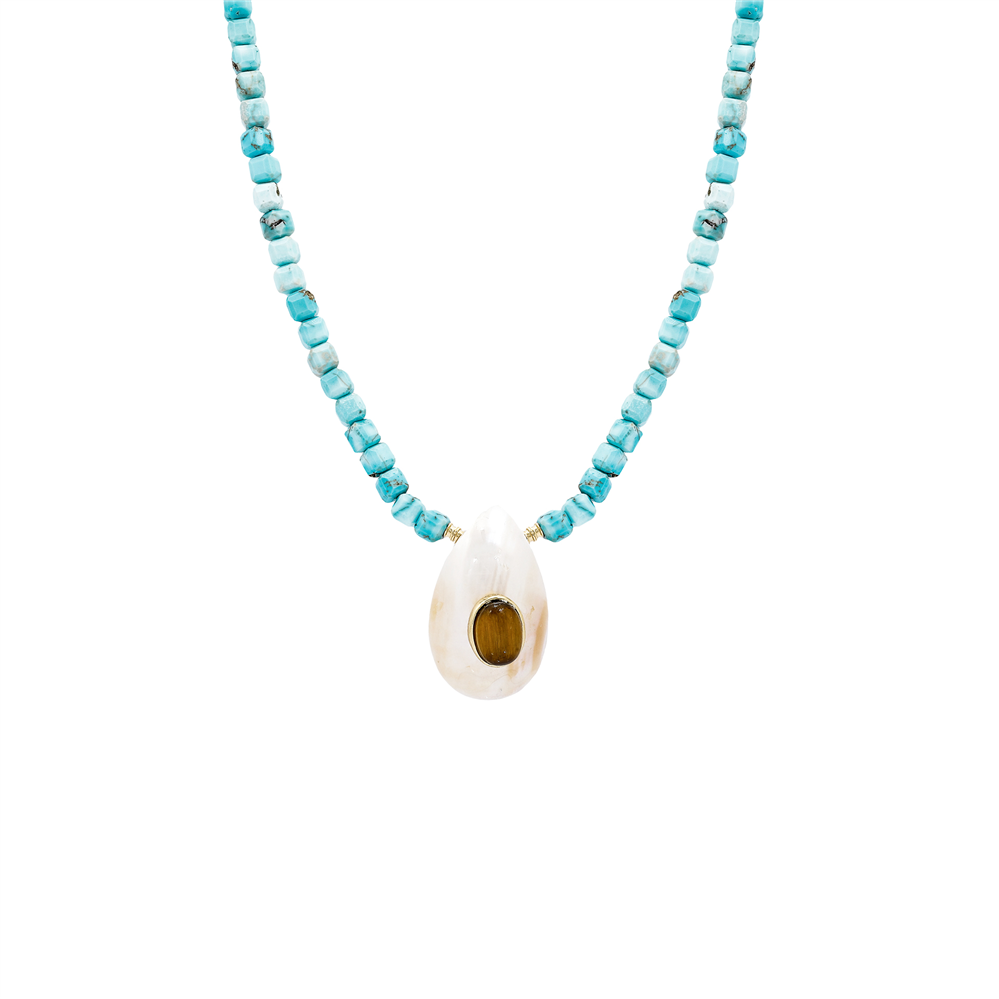 Turquoise Beaded Necklace with Tiger Eye Drop