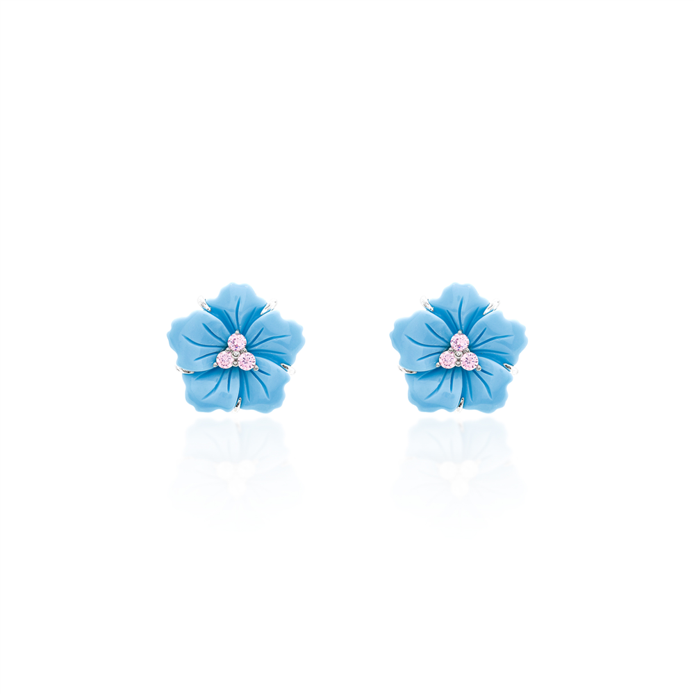 Blue Floral Earrings with Kunzite Center