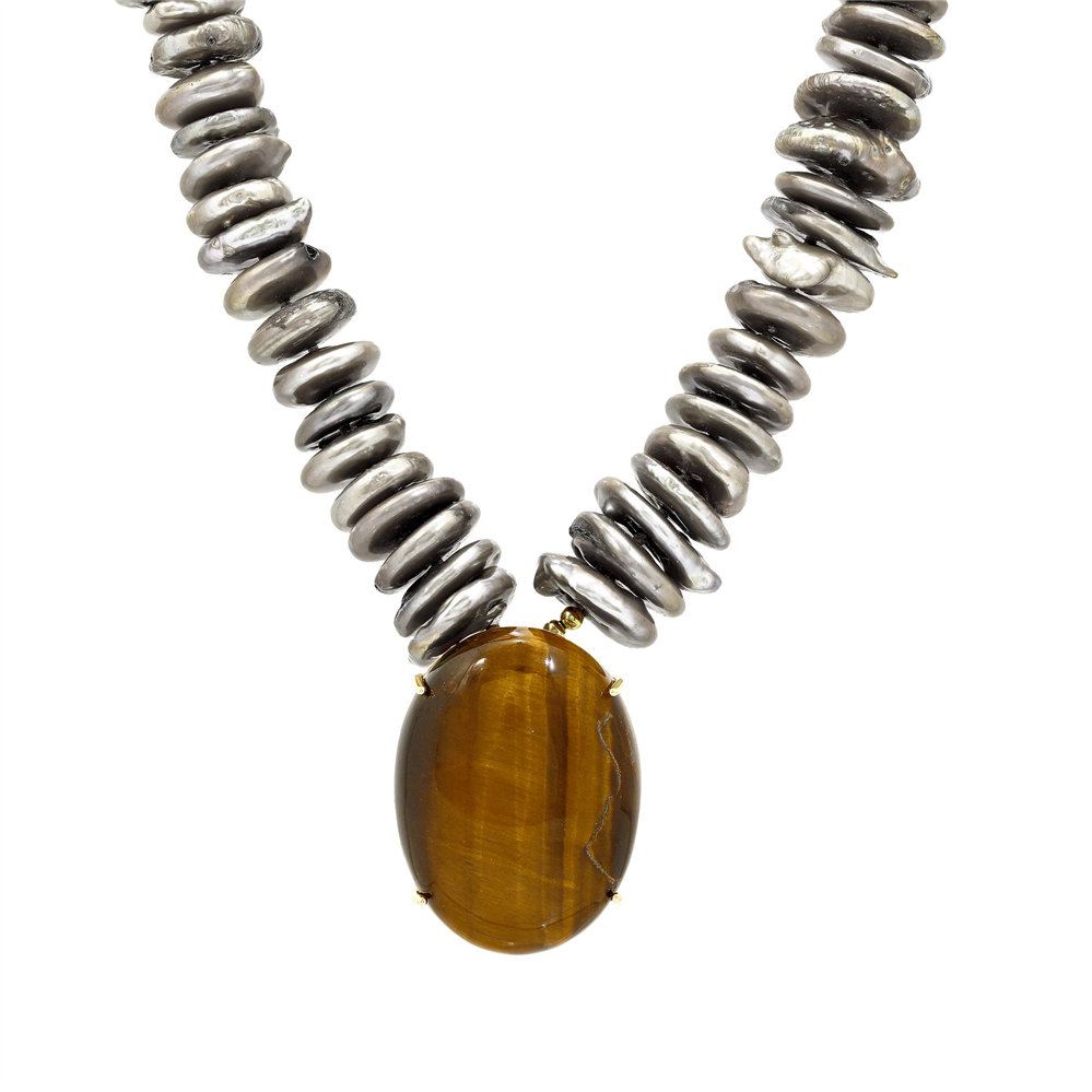 Freshwater Pearl Necklace with Tiger Eye Pendant