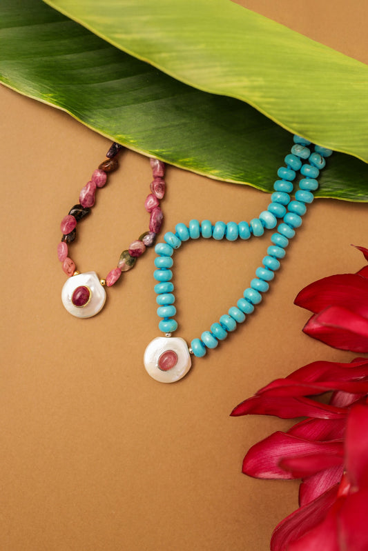 Tourmaline Necklace with Shell & Green Stone Pendant