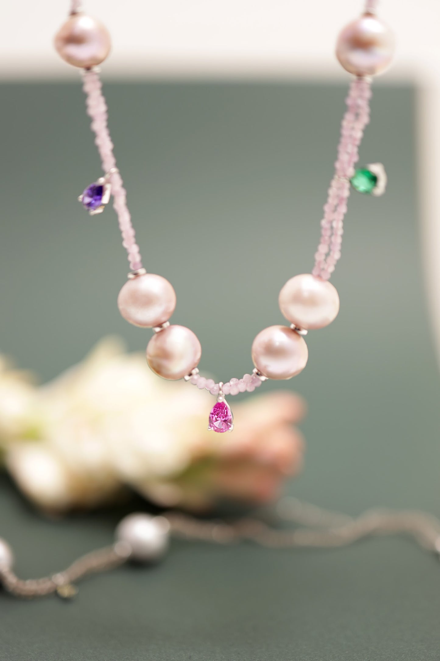 Long Pearl and Quartz Necklace with Colorful Drop
