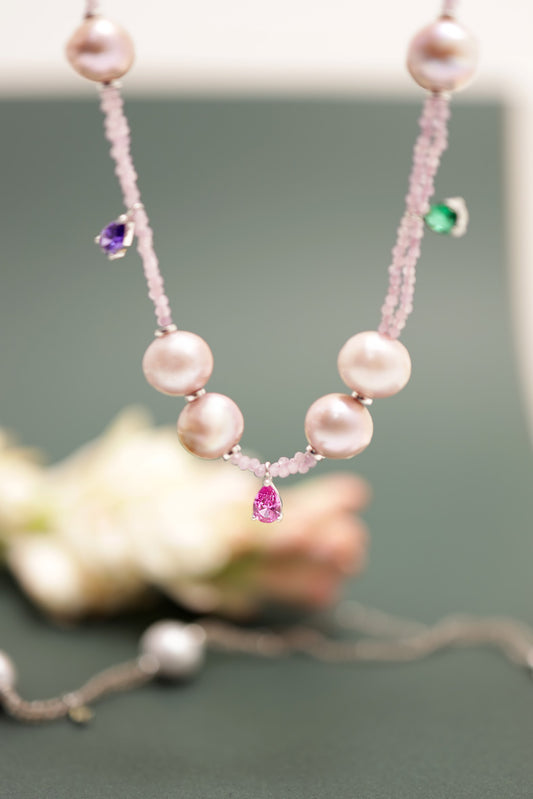 Long Pearl and Quartz Necklace with Colorful Drop