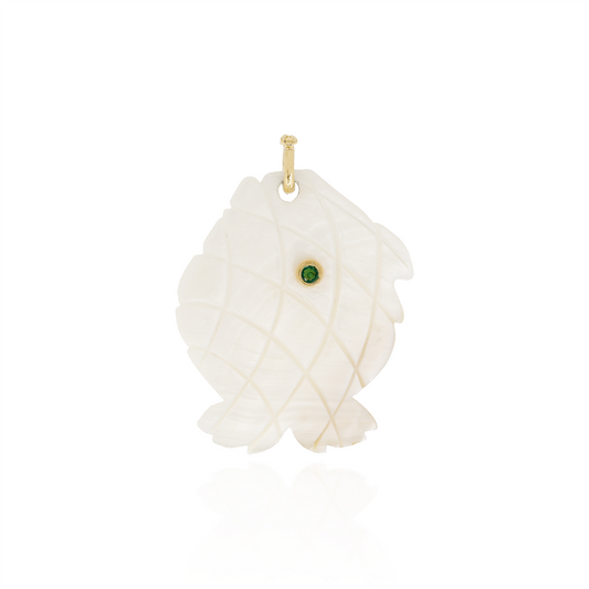 Mother-of-Pearl Fish Pendant with Green Gemstone Accent