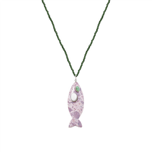 Green Onyx Bead Necklace with Quartz and Malachite Fish Pendant