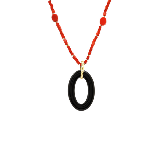 Coral Beaded Necklace with Detachable Onyx Pendant