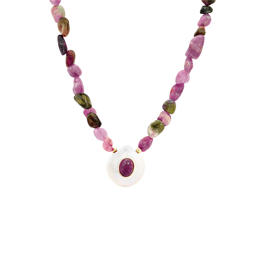 Tourmaline Necklace with Shell & Green Stone Pendant