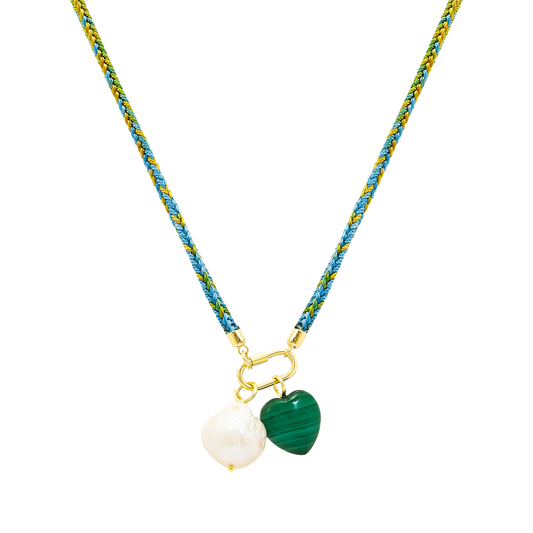 Pearl and Malachite Charm Necklace on Braided Cord