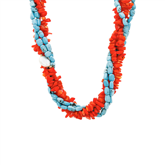 Twisted Turquoise and Coral Necklace with Pearl Accent