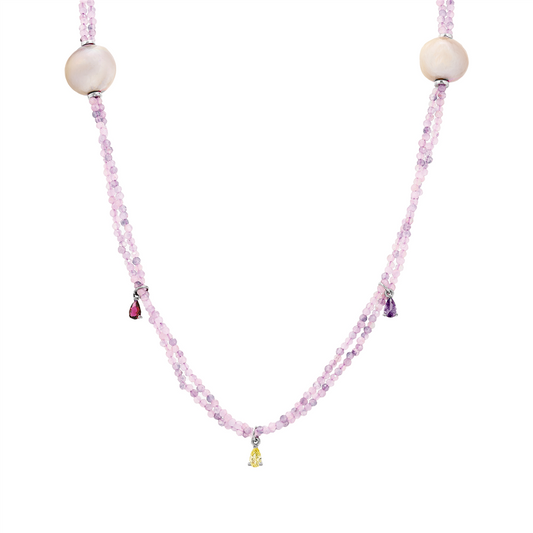 Long Pearl and Quartz Necklace with Colorful Drop