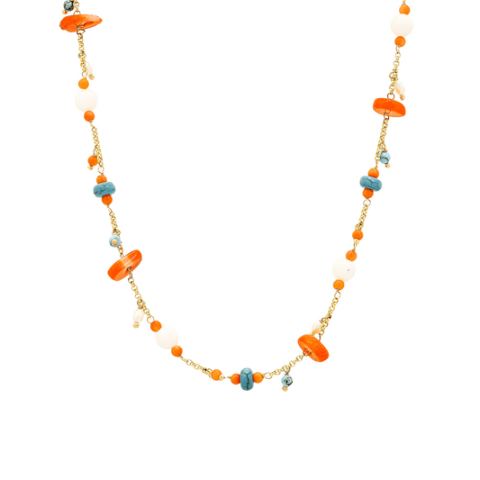 Coral, Turquoise & Quartz Beaded Necklace with Freshwater Pearls